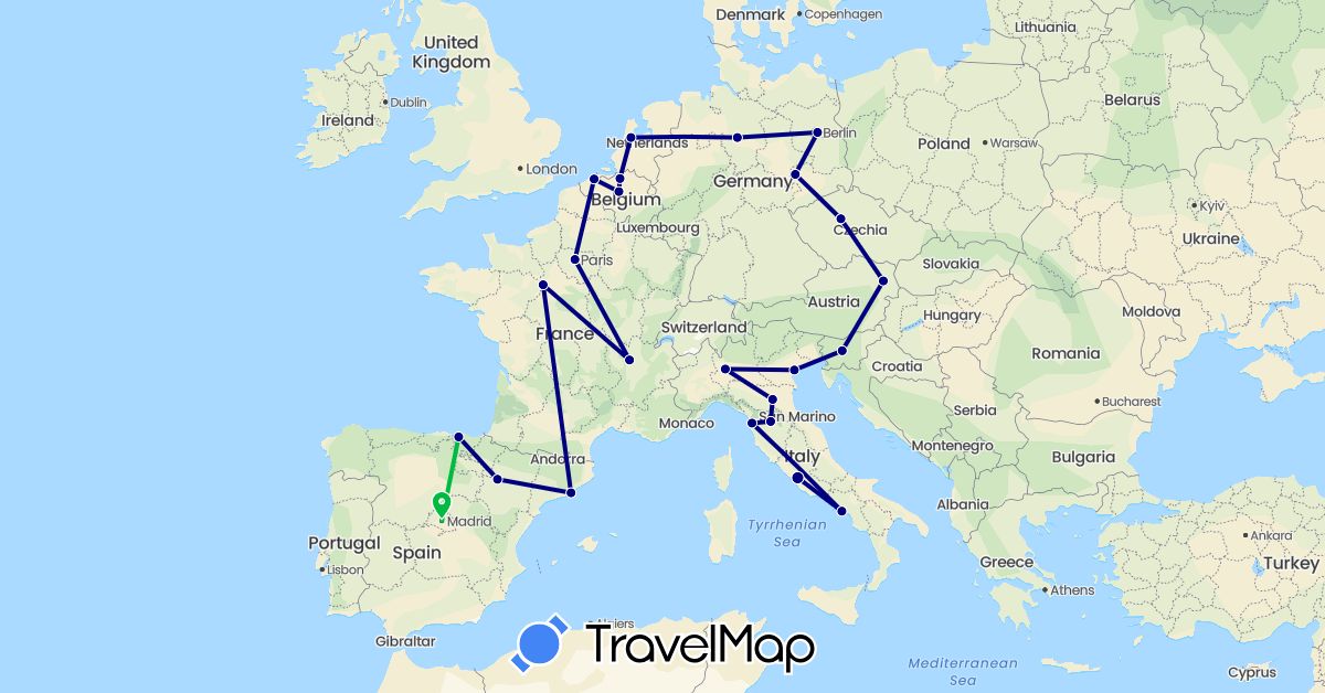 TravelMap itinerary: driving, bus in Austria, Belgium, Czech Republic, Germany, Spain, France, Italy, Netherlands, Slovenia (Europe)